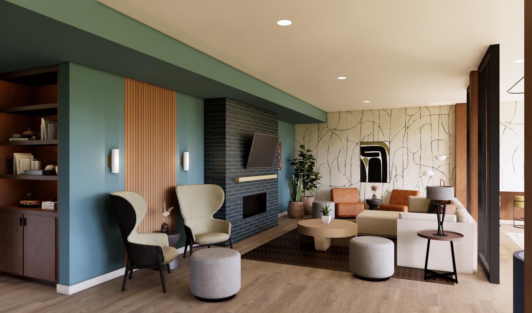 a lounge with seating a fireplace and tv