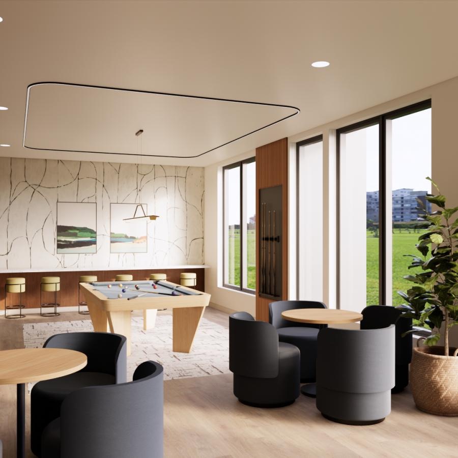 a room with a pool table chairs and a plant