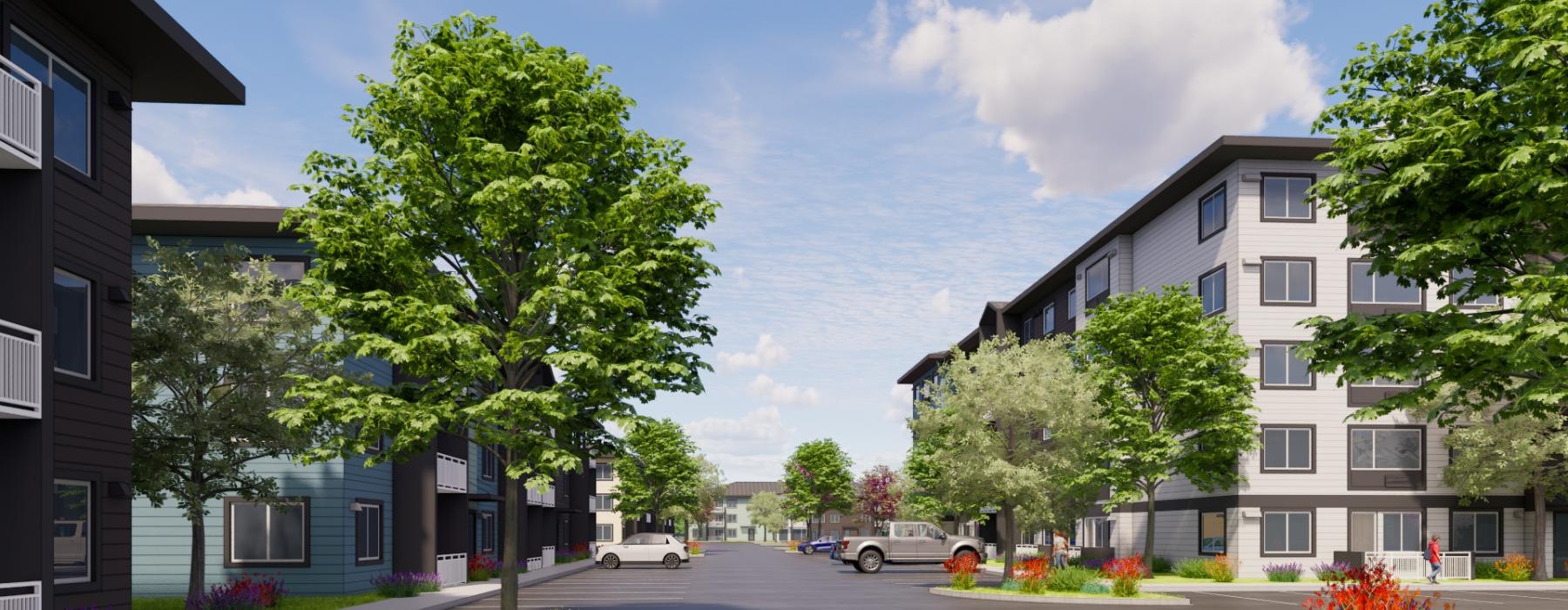 a street with trees and buildings
