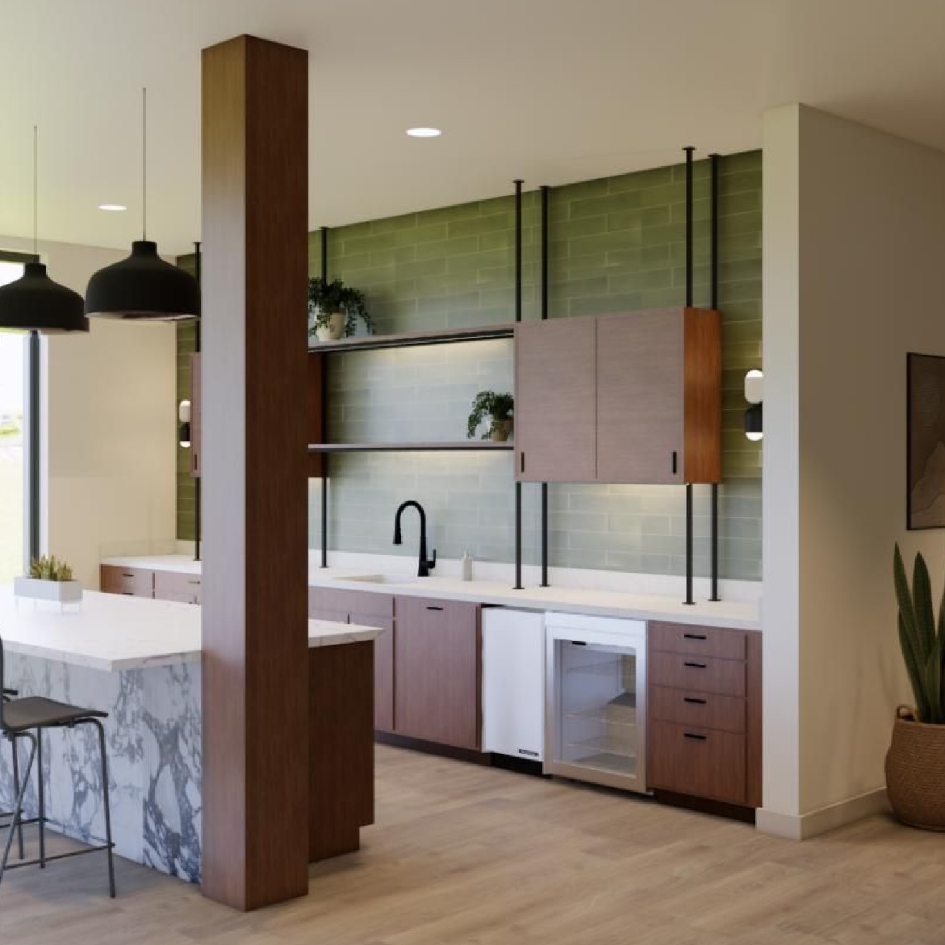 a kitchen with a dining table and chairs