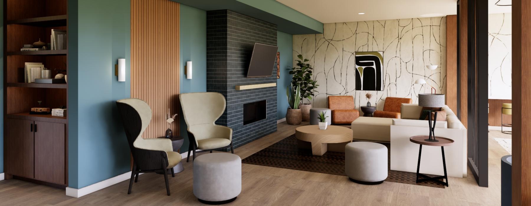 a lounge with seating a fireplace and tv